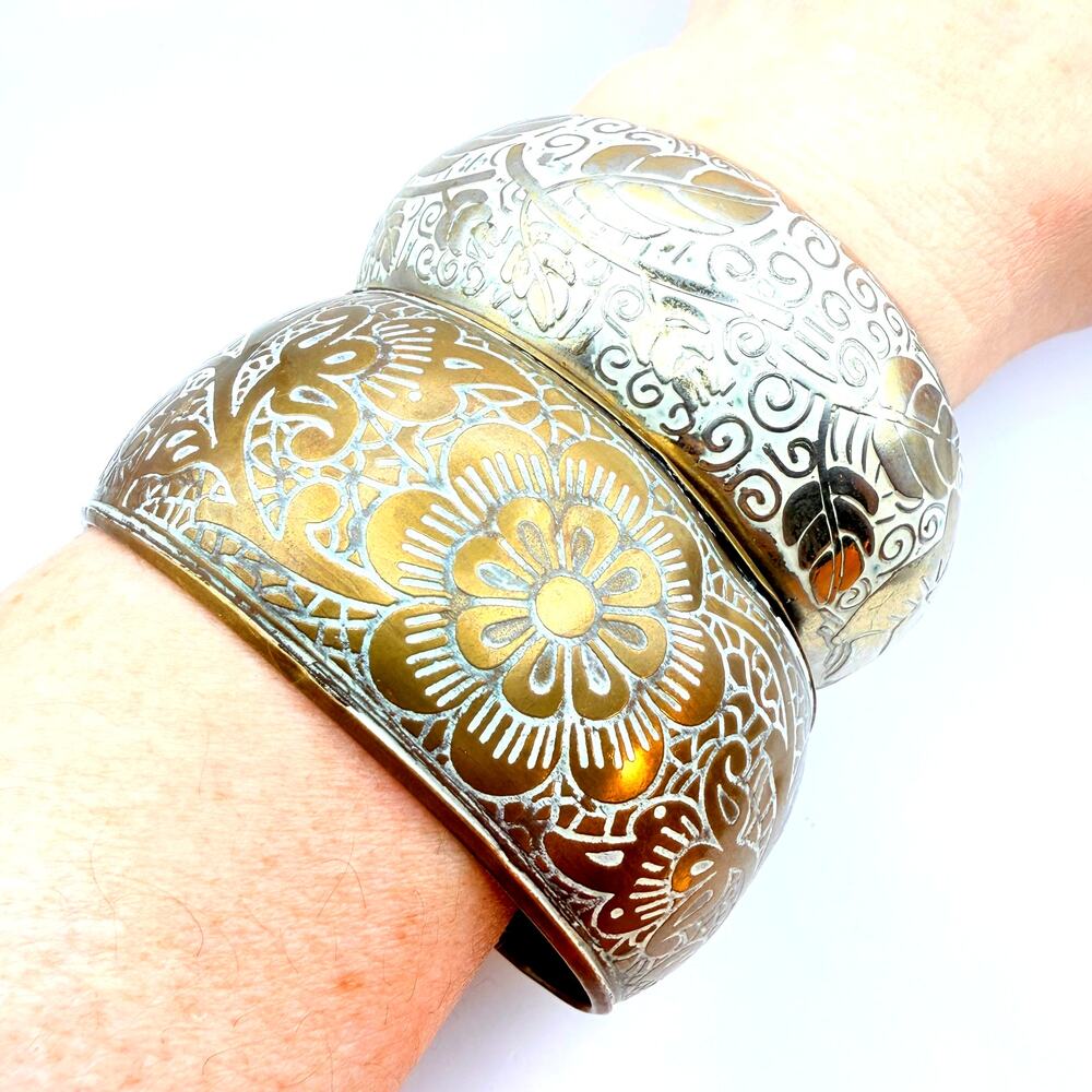 Brass Etched Boho Bangle Bracelet Set 2 White Enamel Wide Chunky Indian Ethnic